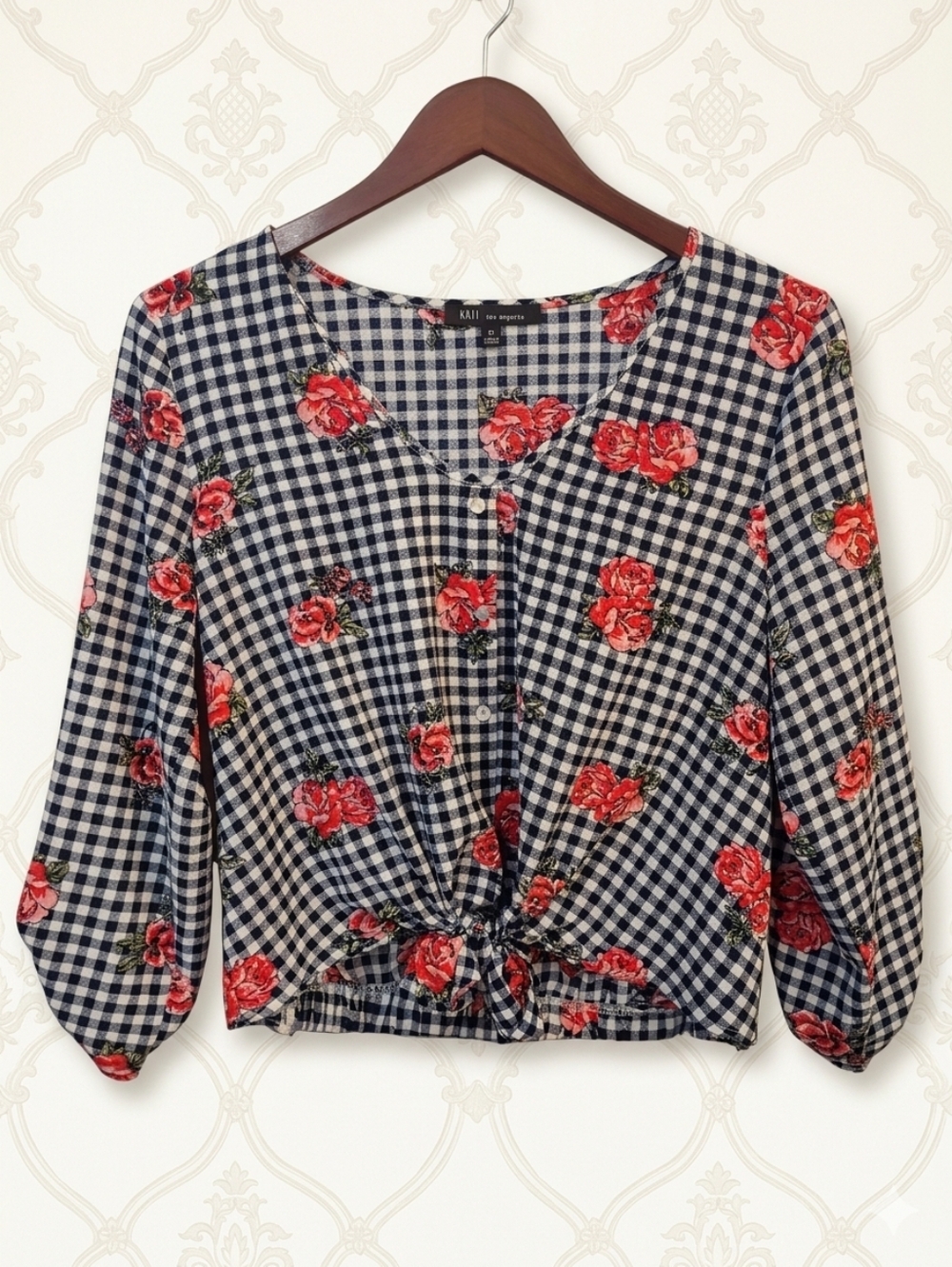 KAII Los Angeles Gingham & Floral Tie-Front Crop Top Size Medium
